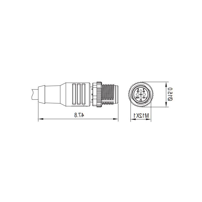 M12 4Pin，公头直型、单端预铸PVC非柔性电缆、带屏蔽、灰色护套、0C4A23-XXX