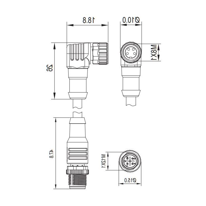 M8 4Pin 母头90°转M12 4Pin 公头直型、双端预铸防焊渣PUR柔性电缆、橙色护套、63T281-XXX